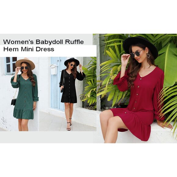 Women's Casual Ruffle Hem Button Down Long Sleeve Swing Mini Dress Size Medium - Picture 2 of 6